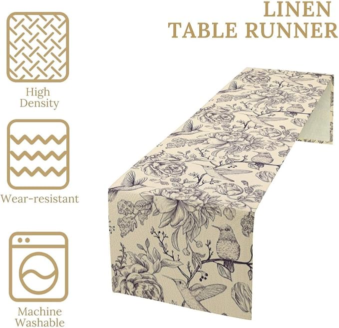Retro Floral Bird Table Runner, Vintage Boho Rose Flower Birds Table Runner - Image 5