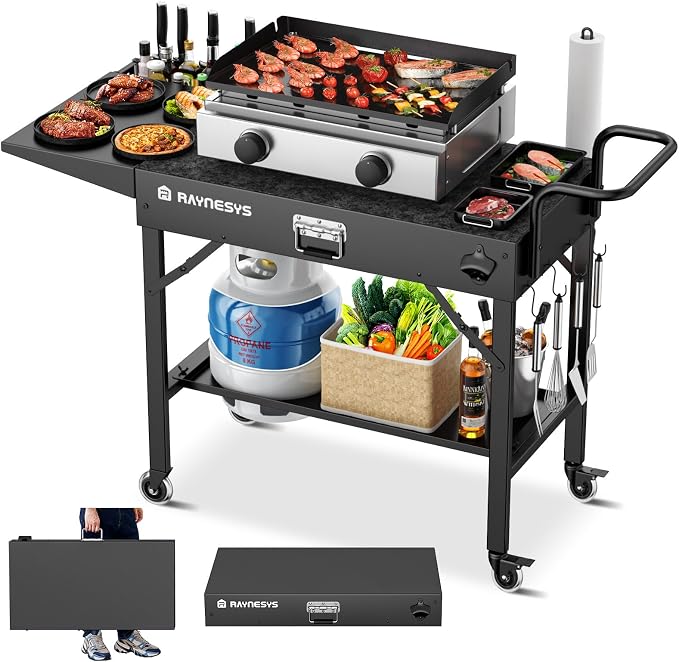 Outdoor Griddle Table, 440lbs Folding Grill Cart, Pizza Oven Table Stand by Raynesys
