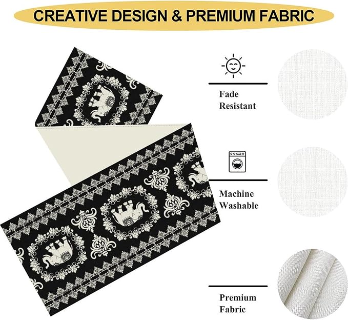 Boho Elephant Table Runner, Rustic Black African Tribe Animal Damask Diwali - Image 5