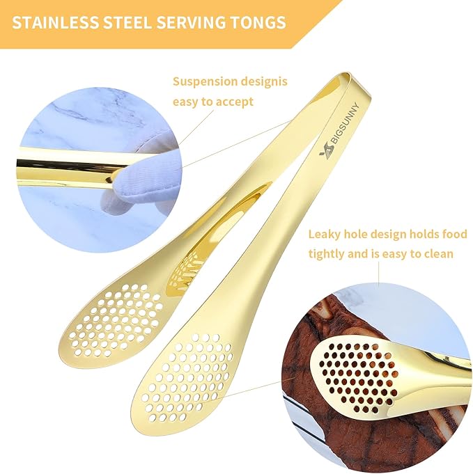 Serving Tongs, 2-Pack, 9-Inch Gold Stainless Steel