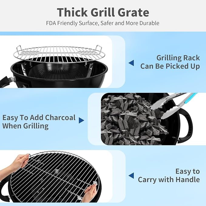 18.5-Inch Portable Charcoal Grill, Heavy Duty Kettle BBQ Smoker - Image 8