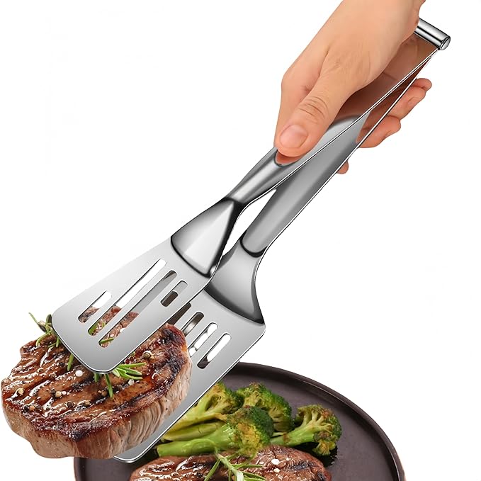 Tongs, 12.8 Inch 304 Stainless Steel, Silver, Detachable Spatula