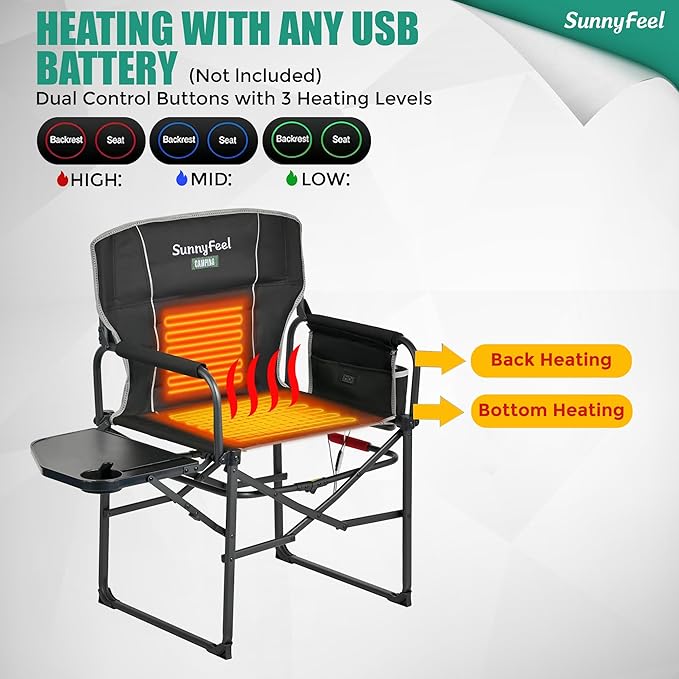 Camping Chair with Heated Seat, Side Table and Storage Pockets, Black