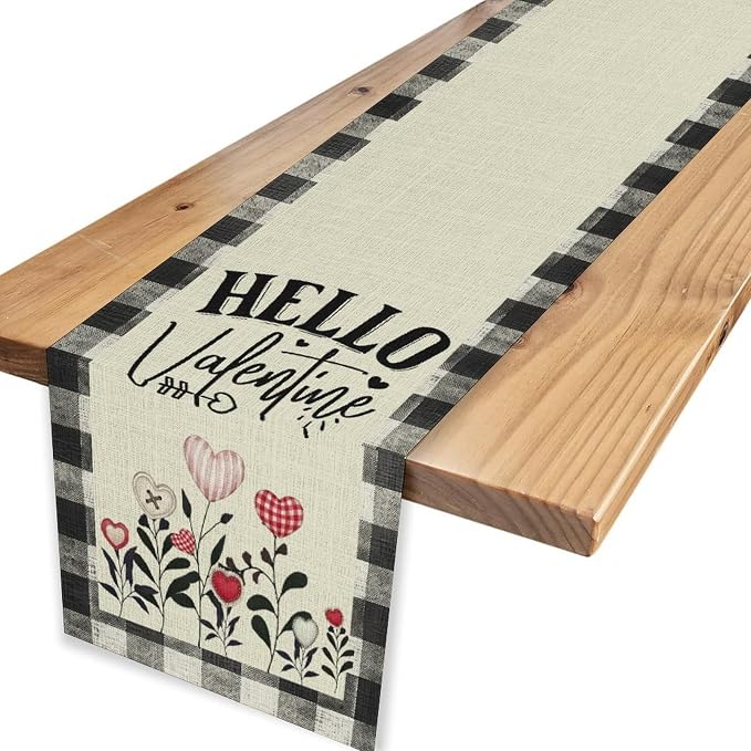 Valentines Day Table Runner, Vintage Rustic Black White Red Heart Buffalo Plaid - Image 6