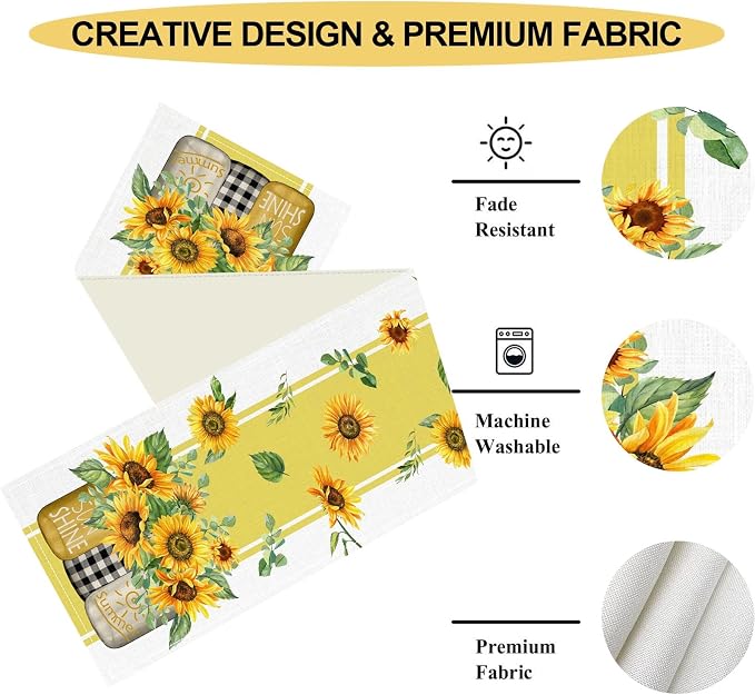 Sunflower Table Runner, Watercolor Yellow Floral Vase Spring Sunshine Summer - Image 4