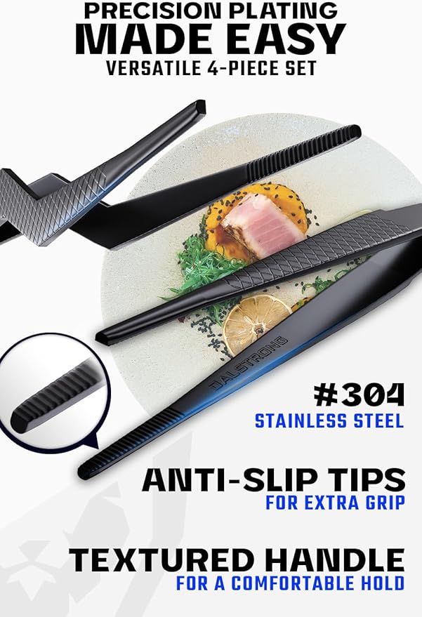 Tongs 4-Piece Black Stainless Steel Set with Leather Travel Sheath