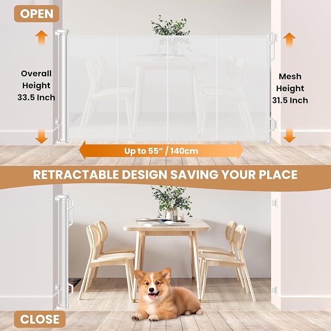 Reinforced Retractable Baby Gate or Mesh Dog Gate, Wide Pet Gate 33.5" Tall - Image 2
