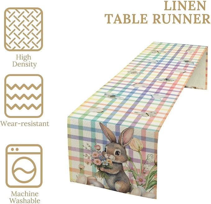 Happy Easter Table Runner, Rustic Watercolor Bunny Flowers Butterflies Eggs - Image 4