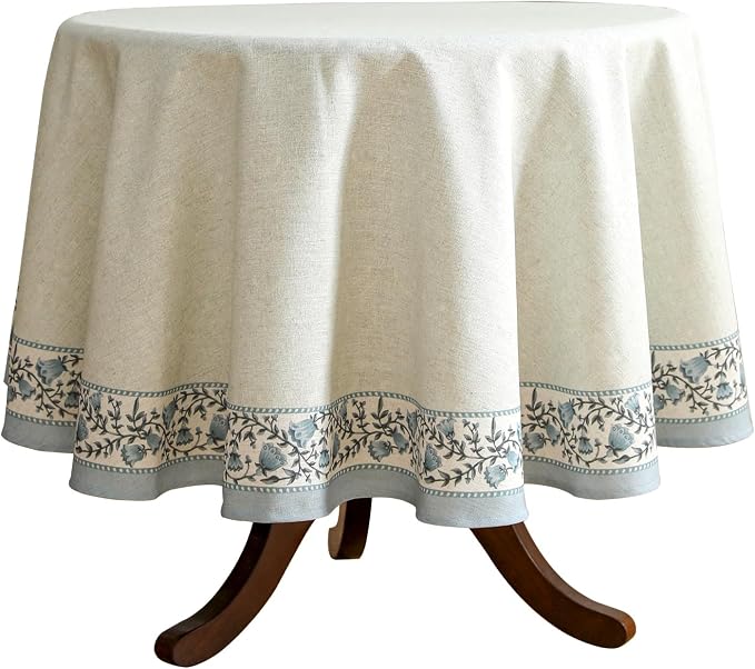 ISAENNE Designer Vintage Linen Elegant Small Round Tablecloth, Chinoiserie by Isaennehomedecoration