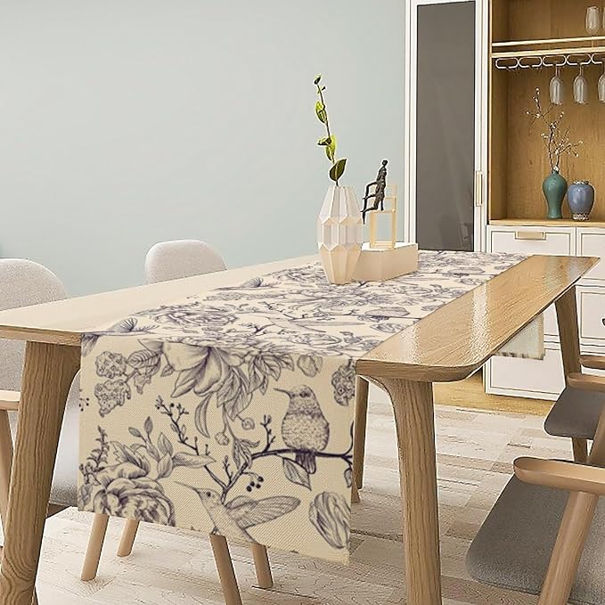 Retro Floral Bird Table Runner, Vintage Boho Rose Flower Birds Table Runner - Image 3