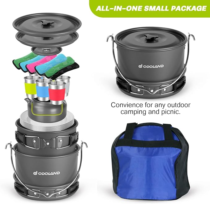 Odoland 39pcs Camping Cookware Mess Kit, Non-Stick Large Size Hanging Pot Pan - Image 3