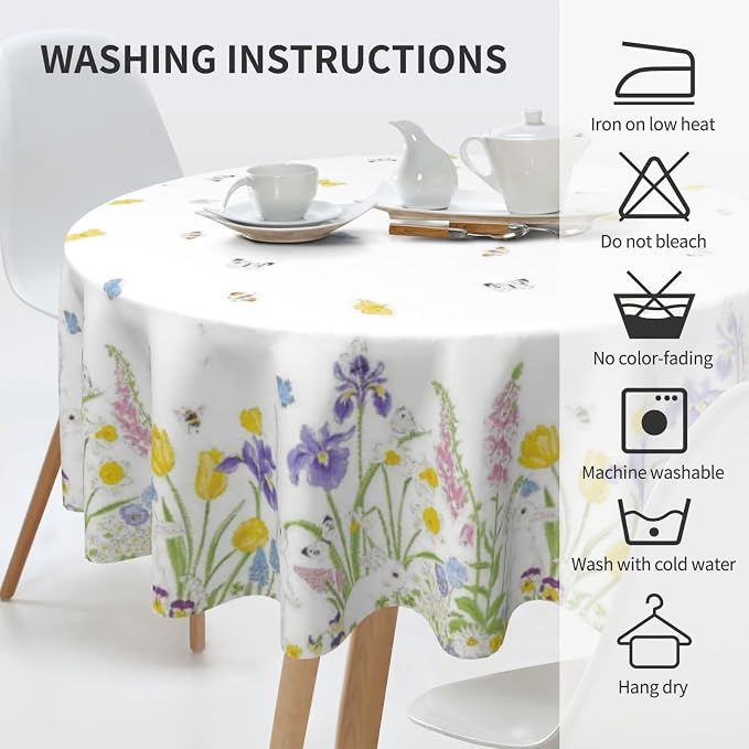 Spring Easter Round Tablecloth 70 Inch, Bunny Colorful Flower Butterfly - Image 3