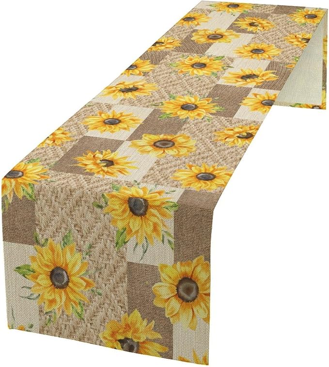 Farmhouse Sunflower Table Runner, Rustic Vintage Linen Patchwork Summer Yellow by JanJCurt