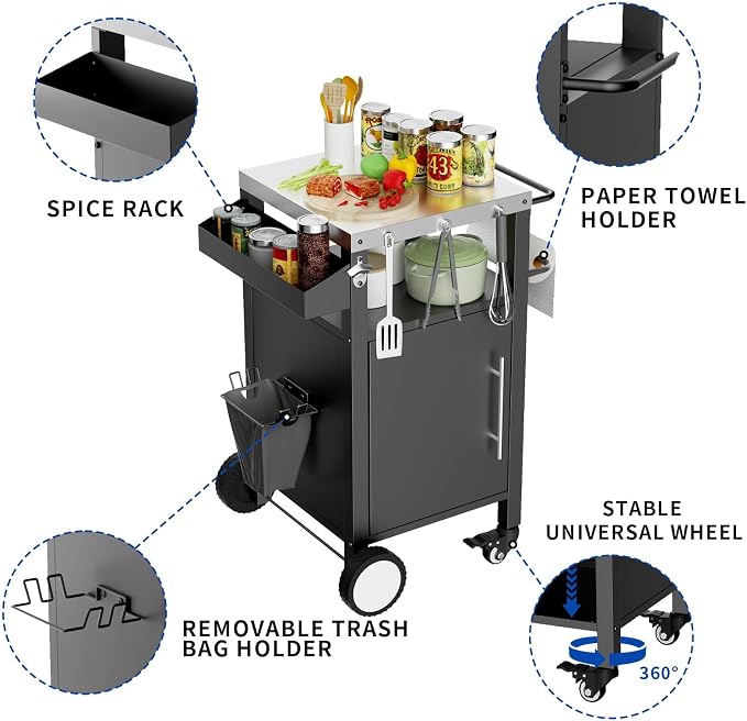 Outdoor Grill Cart with Storage, Stainless Steel Top, Movable Patio Kitchen - Image 5
