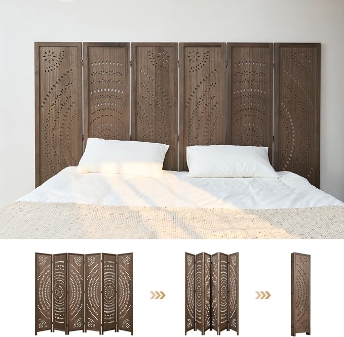 66.9Inch Folding Room Divider, 6 Panels Wood Carved Privacy Screens Free - Image 3