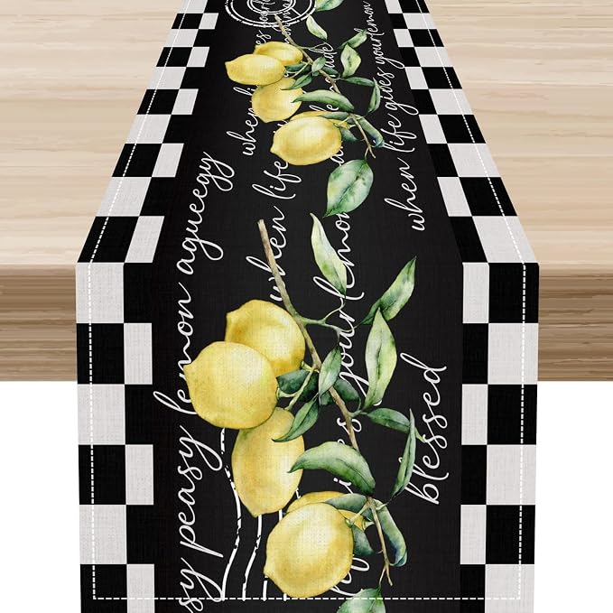 Lemon Table Runner, Farmhouse Black Buffalo Plaid Seasonal Summer Spring Fruits by Unknown