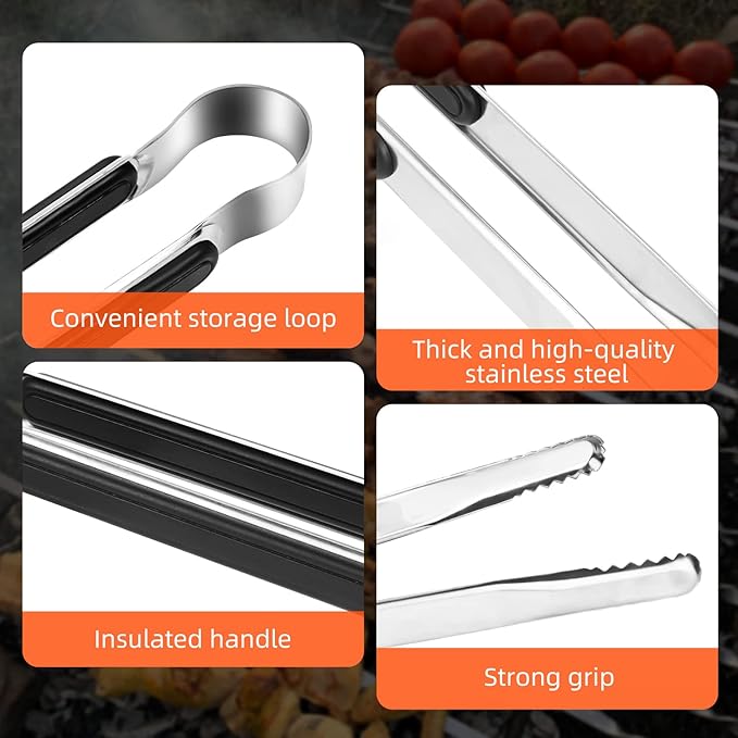 BBQ Tongs 4 Pack, 12 Inch Stainless Steel with Non-Slip Grip
