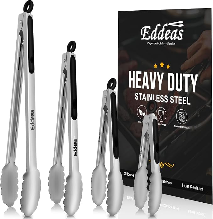 Grill Tongs - BBQ Tongs Heat Resistant 600 Degrees, Heavy Duty Metal by Eddeas