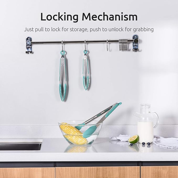 Tongs with 7, 9 and 12 Inch Lengths, Silicone Tips, Aqua Sky