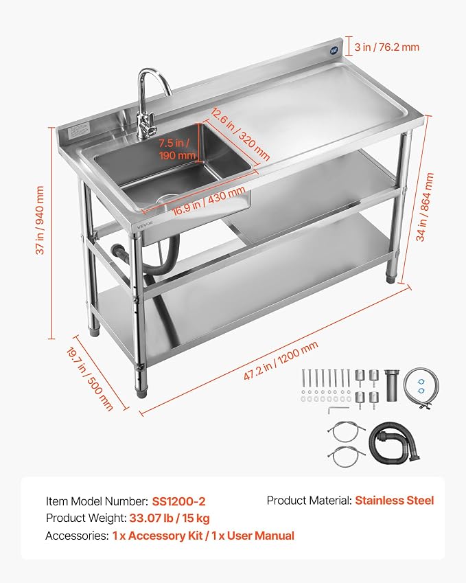VEVOR Stainless Steel Utility Sink, Free Standing Single Bowl Commercial - Image 7