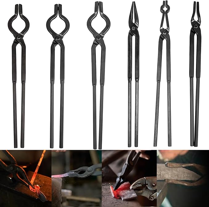 Tongs Blacksmith Forge Set, 6 Piece Alloy Steel with V-Bolt Jaws