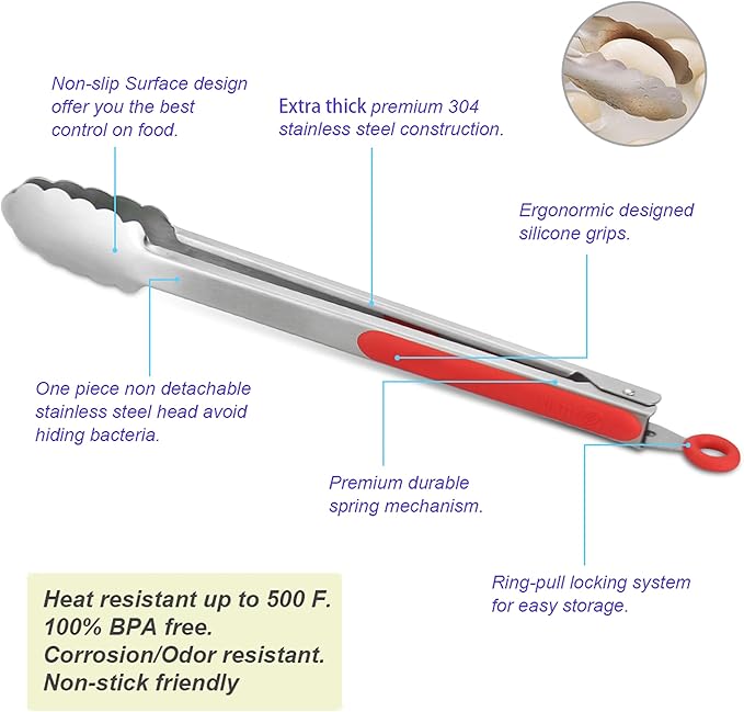 Kitchen Tongs, 304 Stainless Steel with Locking Clip in Red