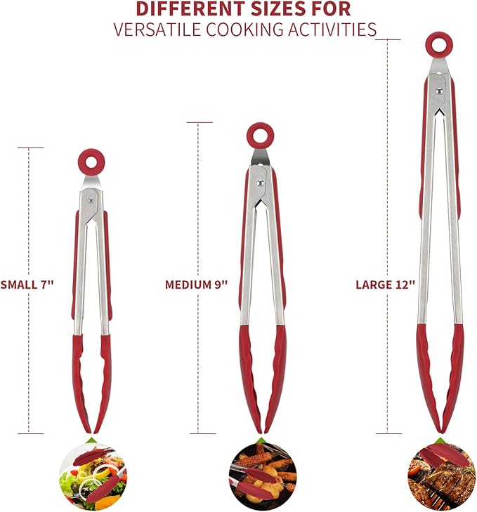 Tongs in 7, 9 and 12 Inch, Stainless Steel and Silicone, Red