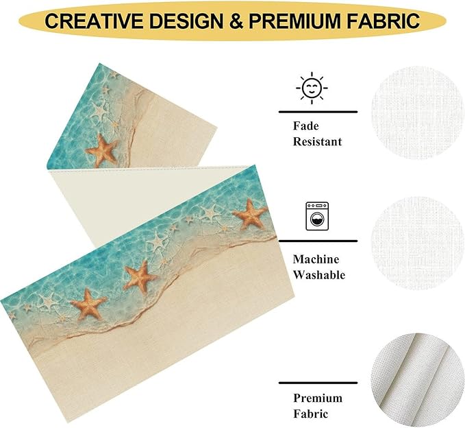 Summer Ocean Starfish Table Runner, Tropical Coastal Blue Sandy Clear Sea Water - Image 5