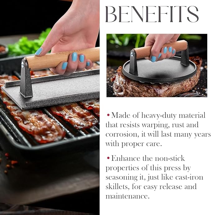 Bellemain Heavy-Duty Cast Iron Grill Press Set – Perfect Smash Burger Press & - Image 7