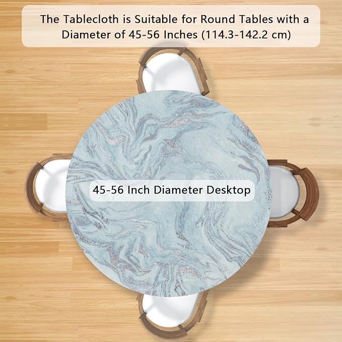Blue Silver Marble Pattern Round Table Cloth Cover, Elastic Edge Waterproof - Image 2