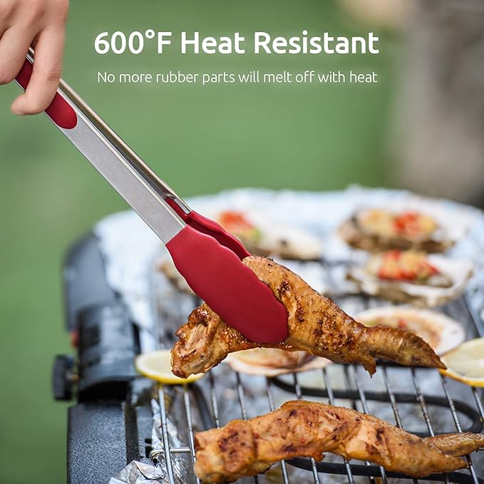 Tongs in 7, 9 and 12 Inch, Stainless Steel and Silicone, Red