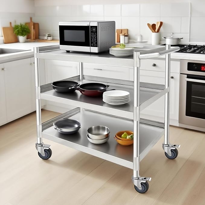 3 Tier Stainless Steel Utility Cart | Heavy Duty Metal Rolling Cart - Image 2