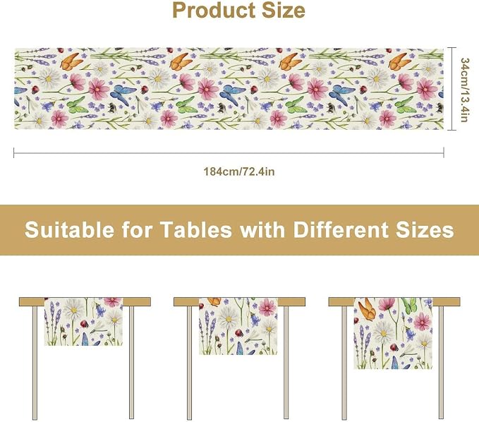Flower Floral Table Runner, Butterfly Wildflowers Daisy Spring Summer Rustic - Image 7