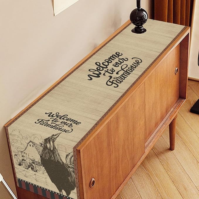 Rustic Farmhouse Table Runner, Vintage Barn Cottage Rooster Retro Farm Country - Image 3