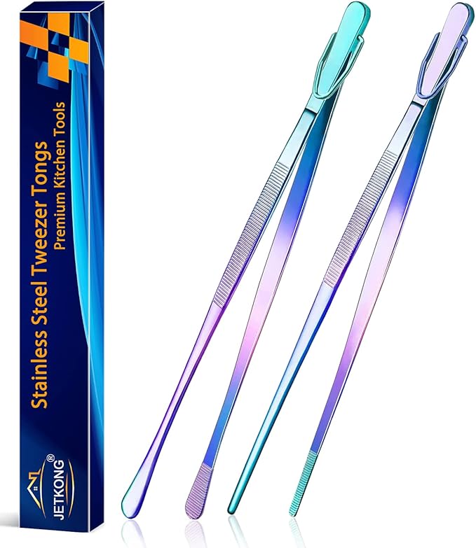 Tongs: 12-Inch Stainless Steel Food Tweezers in Rainbow Finish, Set of 2
