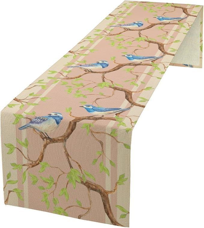 Watercolor Birds Table Runner, Spring Blue Bird Green Tree Table Runner by Unknown