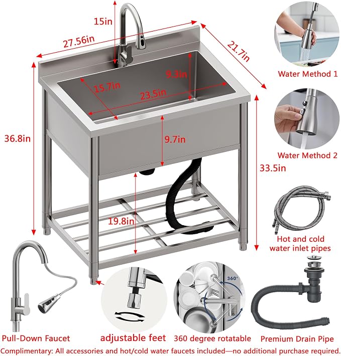 Stainless Steel Utility Sink, Large Freestanding Kitchen Sink - Image 3