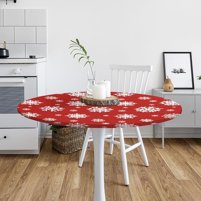 Christmas Snowflake Red White Round Table Cloth Cover, Elastic Edge Waterproof - Image 6