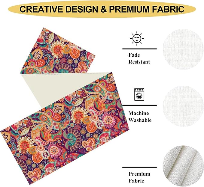 Purple Paisley Table Runner, Rustic Damask Antique Floral Flower Retro Boho - Image 5