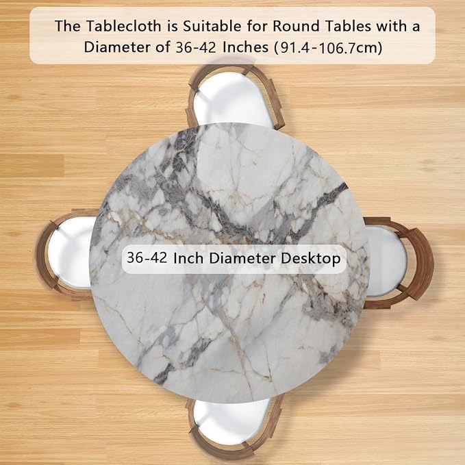 Natural Marble Texture Round Table Cloth Cover, Elastic Edge Waterproof - Image 2