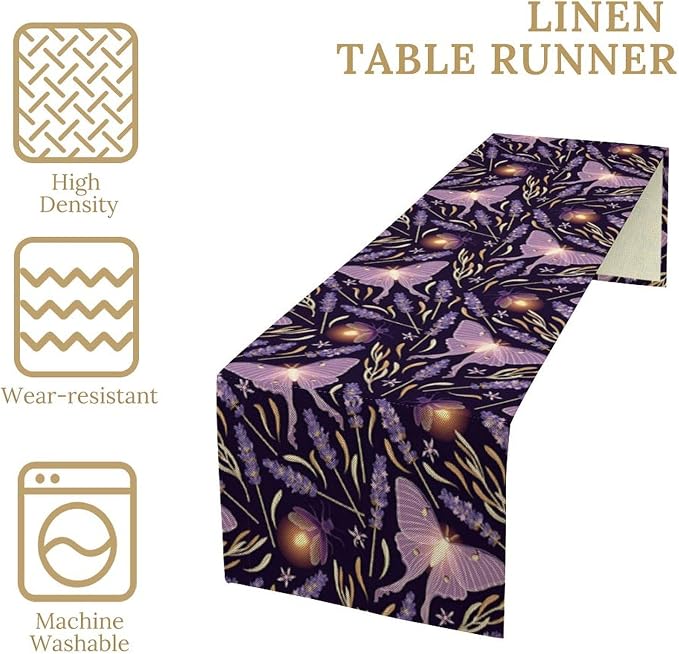 Purple Moth Table Runner, Retro Butterfly Flower Print Table Runner - Image 5