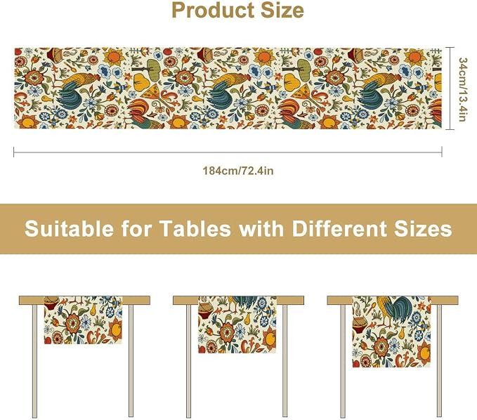 Farm Animal Table Runner, Boho Folk Style Country Rustic Farmhouse Rooster - Image 8