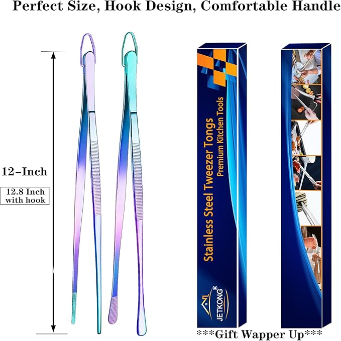Tongs: 12-Inch Stainless Steel Food Tweezers in Rainbow Finish, Set of 2