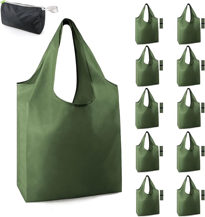 BeeGreen Dark Green Reusable Grocery Bags Bulk 10 Packs, Kitchen Reusable by BeeGreen