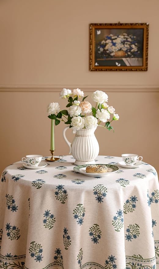 ISAENNE Designer White Linen Small Round Tablecloth, Chinoiserie Floral Elegant - Image 3