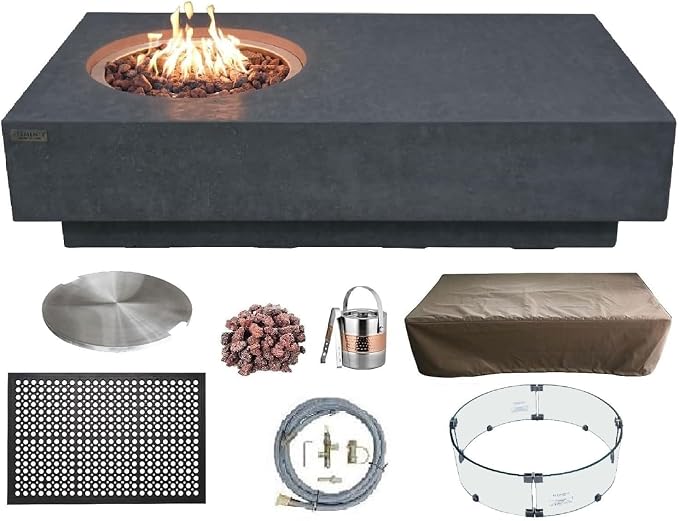 Elementi | Bundle Metropolis Gas Fire Pit Cast Concrete 56" Rectangular Fire by AMSFireplaceInc
