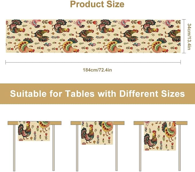 Rustic Farm Animal Table Runner, Vintage Rooster Boho Flowers Table Runner - Image 7