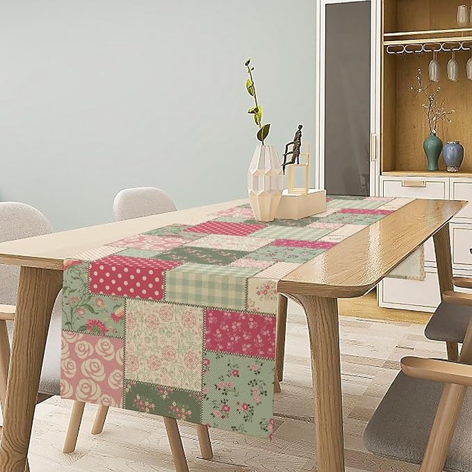 Patchwork Flowers Table Runner, Boho Plaid Floral Retro Romantic Rose Plants - Image 3