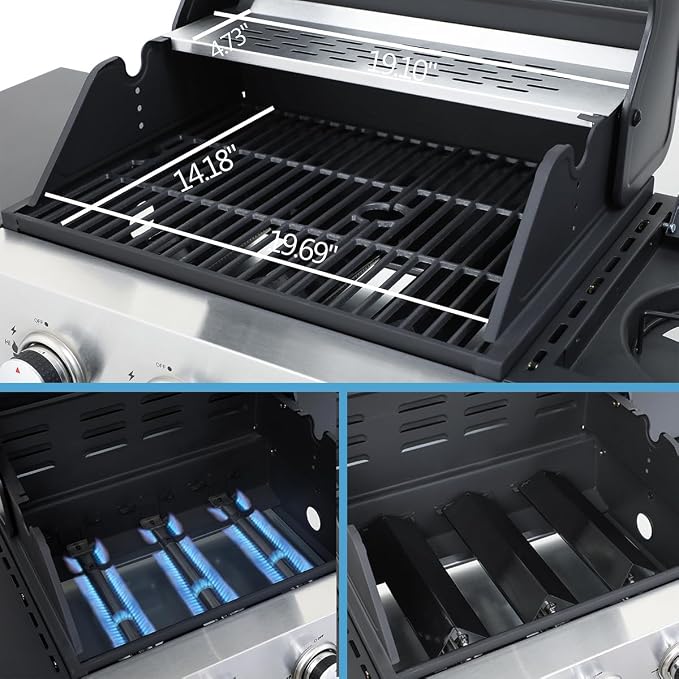 3-Burner Gas Grill with Side Burner, 37230 BTU Outdoor BBQ, Large Cooking Area - Image 6