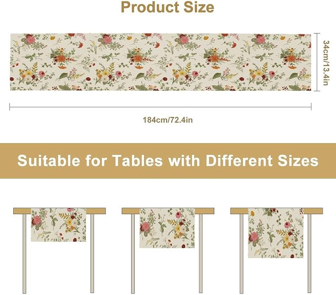 Vintage Flower Table Runner, Rustic Farmhouse Retro Garden Botanical Plants - Image 8